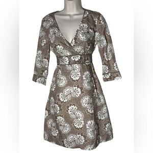 Boden Beige Brown Floral A-Line Sheath Dress Wrap Around Dress Size 10R